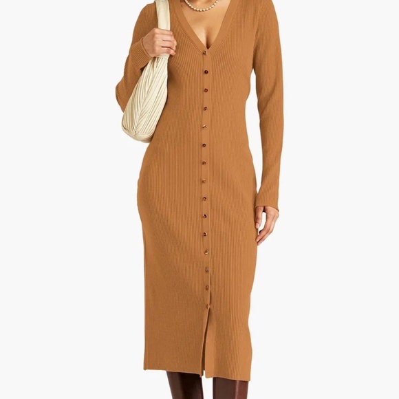 Veronica Beard Ribbed Knit Button Front Midi Dress Camel Brown Long Sleeve  Mediu